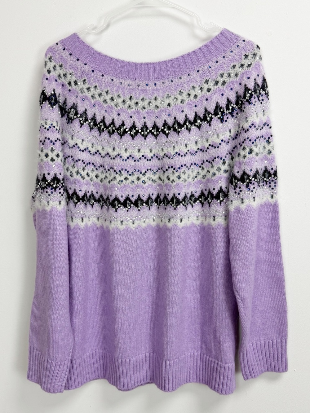 Talbots Sweater Womens 1X Purple Rhinestone Knit Wool Blend Fair Isle Crew NWOT - Picture 3 of 8